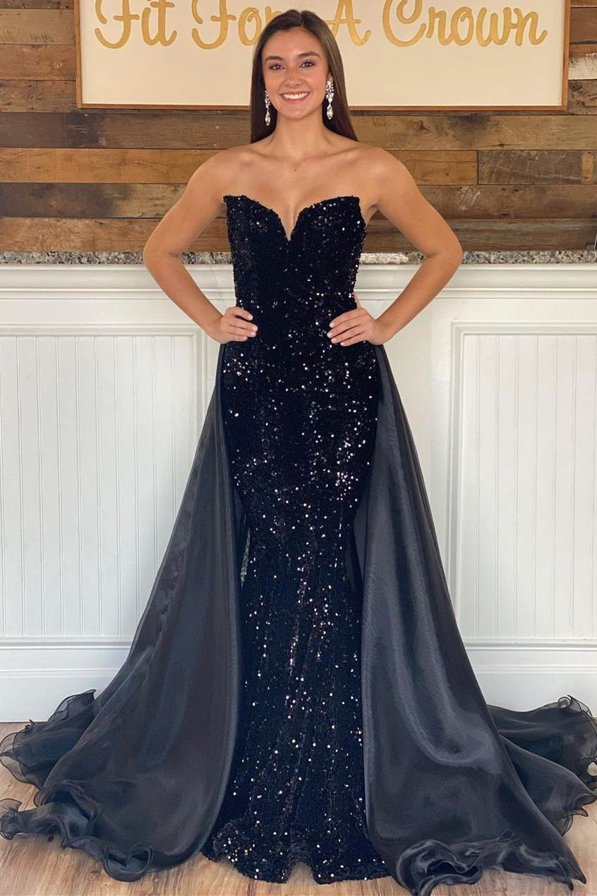 Sexy Open Back Black Sequin Mermaid Long Prom Dress - Promfy